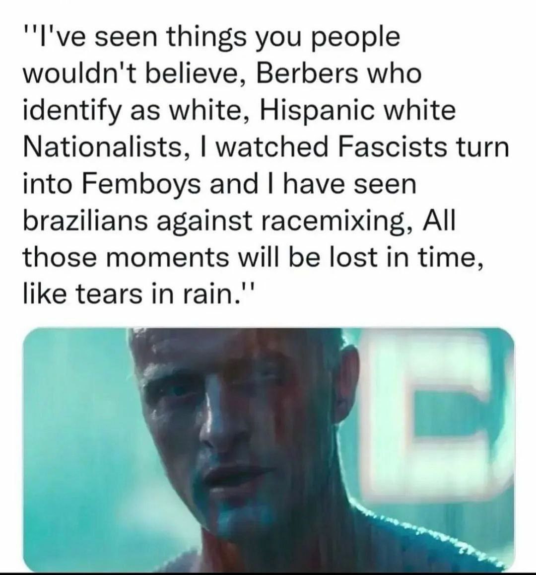 "I've seen things you people wouldn't believe, Berbers who identify as white, Hispanic white Nationalists, watched Fascists turn into Femboys and have seen brazilians against racemixing, All those mom