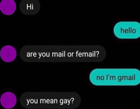 are you mail or femail? you mean gay?
