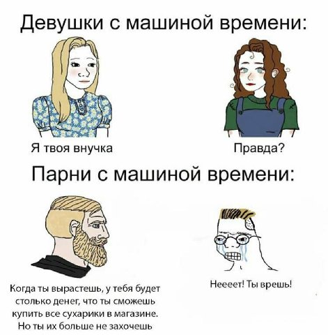 Девушки с машиной времени: у Я твоя внучка Правда? Парни с машиной времени: Когда ты вырастешь, у тебя будет Неееет! Ты врешь! столько денег, что ты сможешь купить все сухарики в магазине. Ноты больше