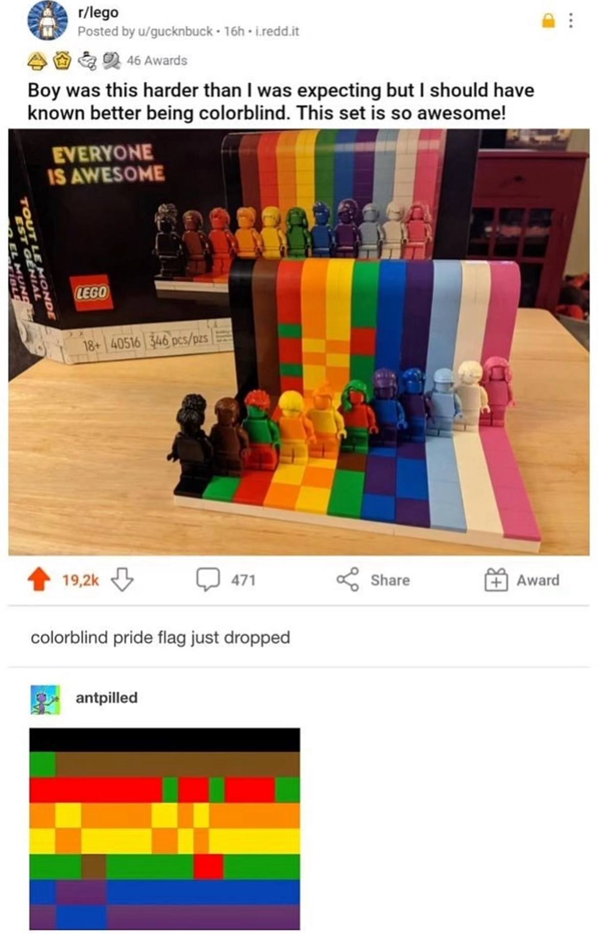 r/lego 6) 46 Awar Boy was this harder than was expecting but should have known better being colorblind. This set is so awesome! EVERYONE AWESOME (ЕСО 4 3 471 Share Award colorblind pride flag just dro