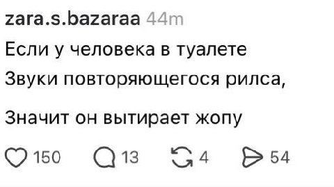 Если у человека в туалете Звуки повторяющегося рилса Значит он вытирает жопу 150 13 4 54