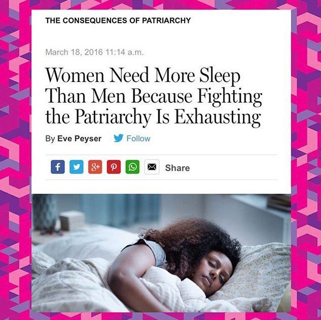 THE March 18, 2016 11:14 Women Need More Sleep Than Men Because Fighting the Patriarchy Is Exhausting Реузег Follow а Share 4