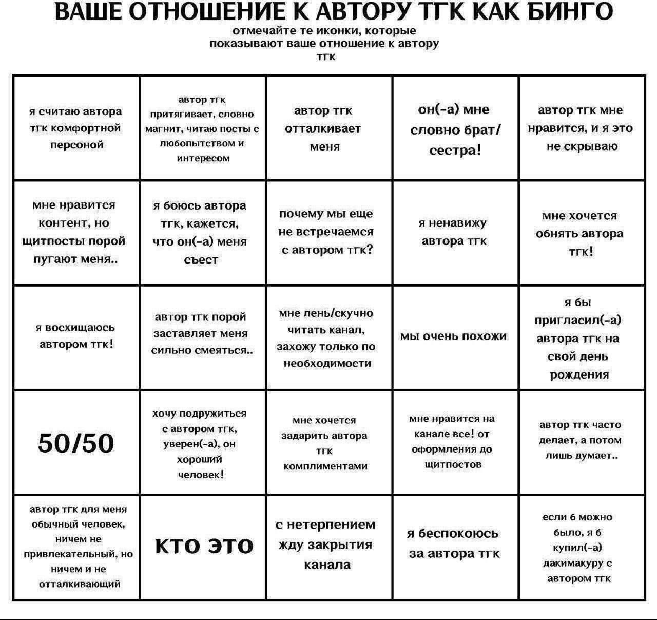 ВАШЕ ОТНОШЕНИЕ К АВТОРУ ТТК КАК БИНГО отмечайте иконки, которые показывают ваше отношение к автору тгк автор тгк я считаю автора притягивает, словно автор тгк он(-а) мне автор тгк мне тгк комфортной м