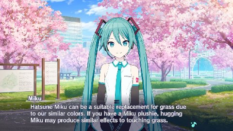 #3 2 4 she у a Hatsune Miku can be а suitable replacement for grass аие to our similar colors. If you have a Miku plushie, hugging Miku may produce similar effects to touching grass.