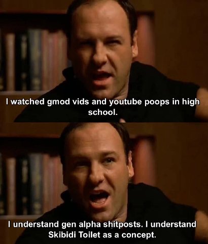 watched gmod vids and youtube poops in high school. understand gen alpha shitposts. understand Skibidi Toilet as a concept.