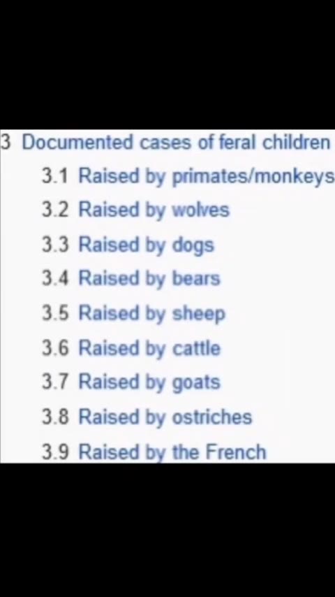 3 Documented cases of feral children 3.1 Raised primates/monkeys 3.9 Raised the French