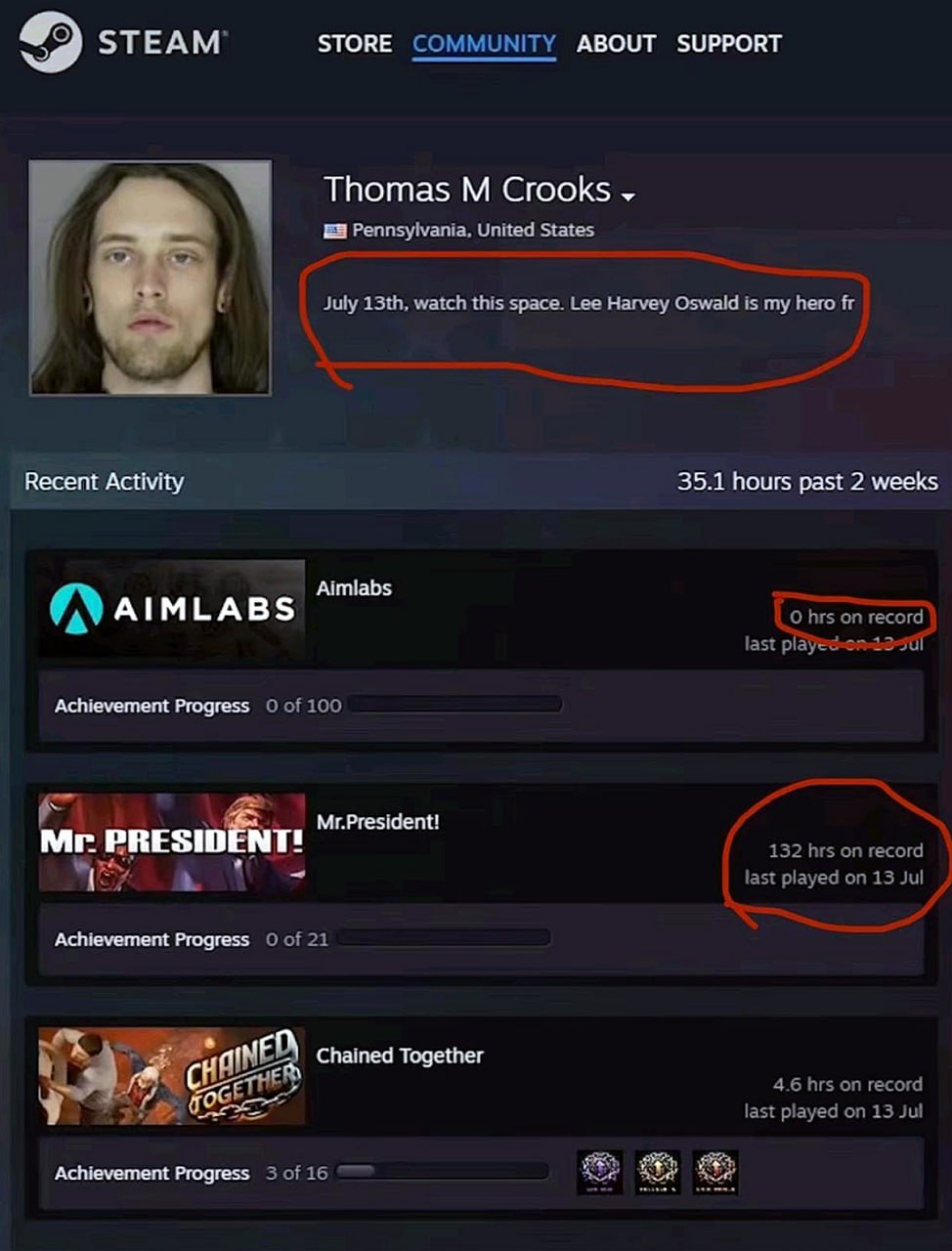 STEAM STORE COMMUNITY ABOUT SUPPORT Thomas Crooks Pennsylvania, United States July watch this space. Lee Harvey Oswald is my hero Recent Activity 35.1 hours past 2 weeks Aimlabs AIMLABS О hrs on recor