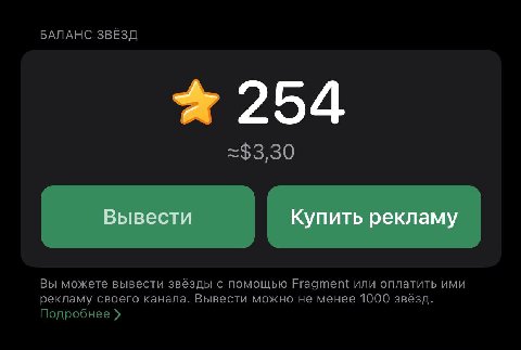 Всем спасибо за звёздочки, друзья. Спустя год после появления звёзд мы накопили четверть от суммы вывода, так что всего через 3 года мы сможем вывести целую 1000 рублей, и канал можно будет закрывать