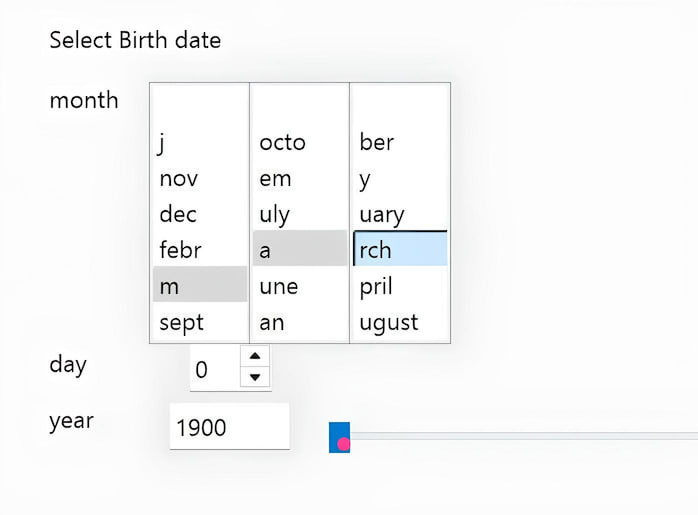 Select Birth date month octo ber nov dec uly uary febr a rch une pril sept an ugust a day 0 У уеаг 1900