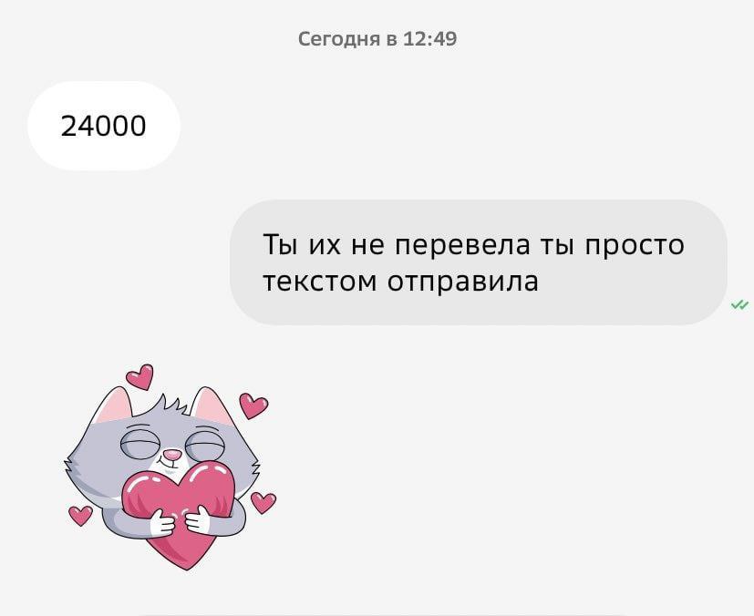 Сегодня в 12:49 24000 Ты не перевела ты просто текстом отправила