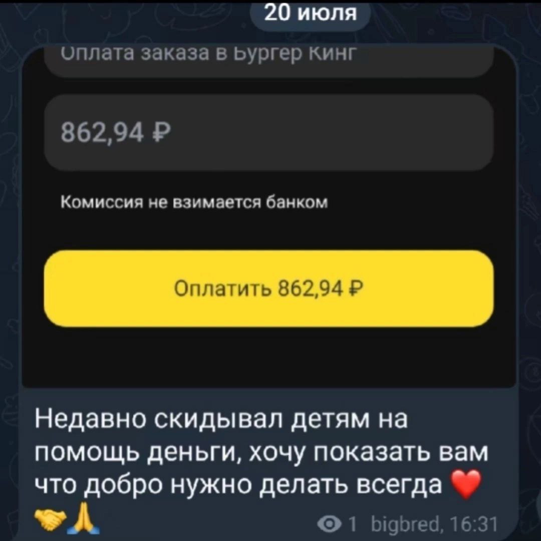 20 июля оплата заказа в Бургер кинг 862,94 Комиссия не взимается банком Оплатить 862,94 Недавно скидывал детям на помощь деньги, хочу показать вам что добро нужно делать всегда 1 bigbred, 16:3