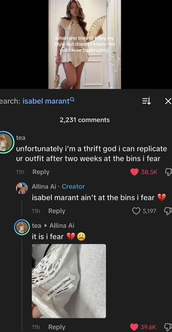 isabel marant? 2,231 comments unfortunately a thrift god i can replicate outfit after two weeks at the bins i fear Reply Allina Creator 4 isabel marant at the bins i fear Веру 5197 tea Allina itisifea