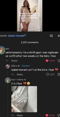 isabel marant? 2,231 comments unfortunately a thrift god i can replicate outfit after two weeks at the bins i fear Reply Allina Creator 4 isabel marant at the bins i fear Веру 5197 tea Allina itisifea