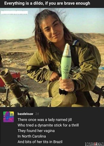 Everything is а dildo, if you are brave enough у 2+ basdelouw There once was a lady named jill Who tried a dynamite stick for a thrill They found her vagina In North Carolina And bits of her tits in B
