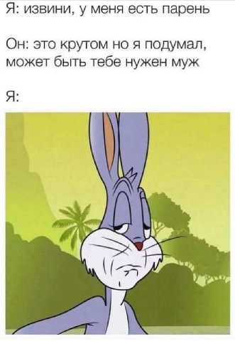 Я: извини, у меня есть парень Он: это крутом но я подумал, может быть тебе нужен муж Я