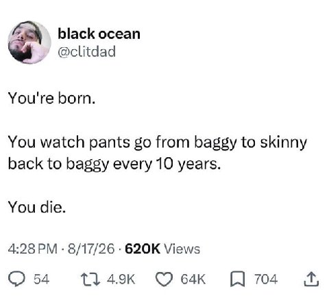 black ocean @clitdad You're born. You watch pants from baggy to skinny back to baggy every 10 years. You die. 4:28 8/17/26 Views 54 704