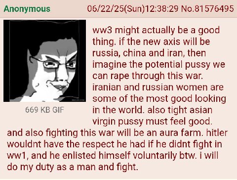 Anonymous 06/22/25(Sun)12:38:29 No.81576495 might actually be a good thing. if the new axis will be russia, china and iran, then imagine the potential pussy we can rape through this war. iranian and r
