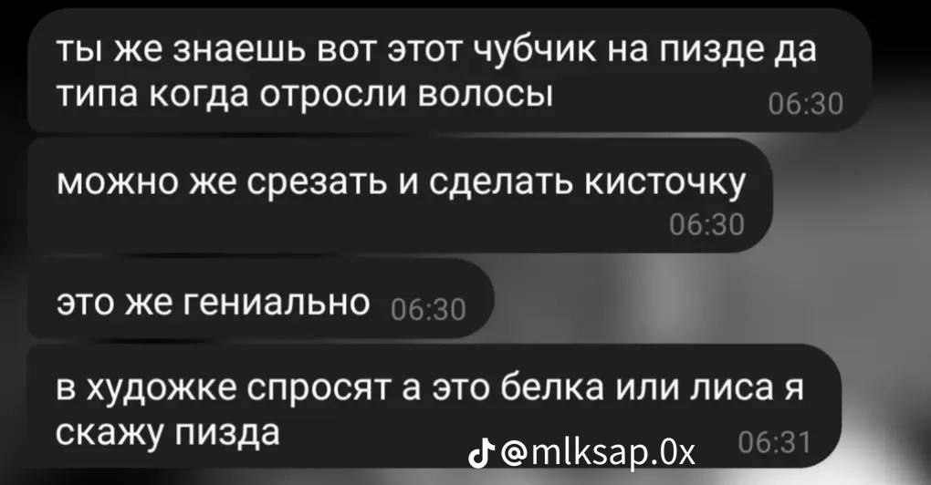 ты же знаешь вот этот чубчик на пизде да типа когда отросли волосы можно же срезать и сделать кисточку это же гениально в художке спросят а это белка или лиса я скажу пизда У“
