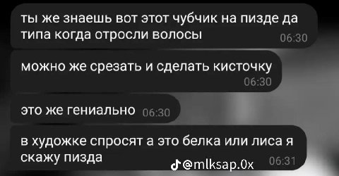 ты же знаешь вот этот чубчик на пизде да типа когда отросли волосы можно же срезать и сделать кисточку это же гениально в художке спросят а это белка или лиса я скажу пизда У“