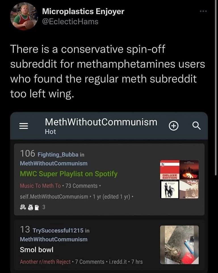 Microplastics Enjoyer @EclecticHams There is a conservative spin-off subreddit for methamphetamines users who found the regular meth subreddit too left wing. MethWithoutCommunism a Hot 106 Fighting_Bu