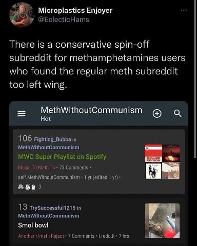 Microplastics Enjoyer @EclecticHams There is a conservative spin-off subreddit for methamphetamines users who found the regular meth subreddit too left wing. MethWithoutCommunism a Hot 106 Fighting_Bu