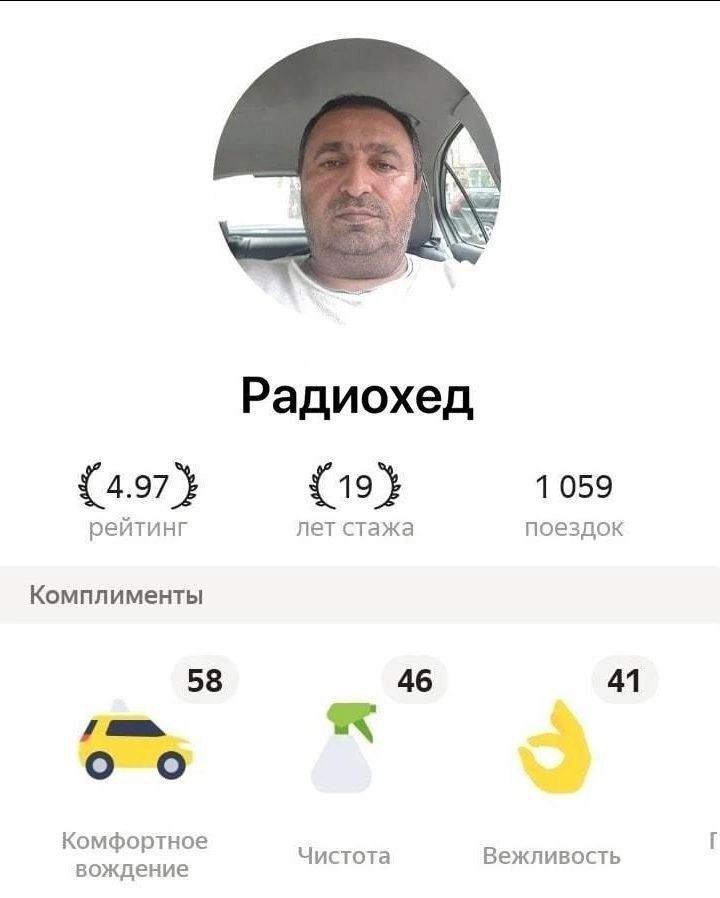 Радиохед {4.97} {19} 1059 рейтинг лет стажа поездок Комплименты 58 46 41 Комфортное вождение Чистота Вежливость