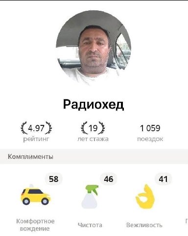 Радиохед {4.97} {19} 1059 рейтинг лет стажа поездок Комплименты 58 46 41 Комфортное вождение Чистота Вежливость