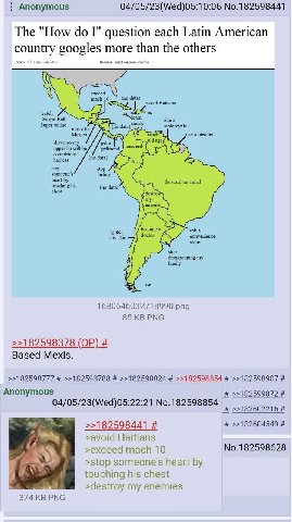 Anonymous 04/05/23(Wed)05:10:06 No.182598441 The "How I" question each Latin American country googles more than the others Source: June 2019 Based English-language searches mach 10 {no data) avoid Hai