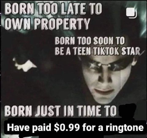 LATE ТО OWN PROPERTY BORN SOON ТО BE A TEEN TIKTOK STA BORN JUST IN TIME TO Have paid $0.99 for a ringtone