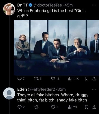 Which Euphoria girl is the best "Girl's girl" С tls шик Eden @Fattyfeeder2 Theyre all fake bitches. Whore, druggy thief, bitch, fat bitch, shady fake bitch О? 2