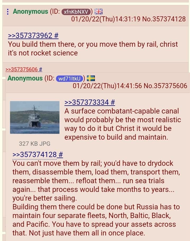 Anonymous ЕЕ 01/20/22(Thu)14:31:19 No.357374128 >>357373962 You build them there, or you move them rail, christ it's not rocket science >>357375606 Anonymous 01/20/22(Thu)14:41:56 No.357375606 >>35737