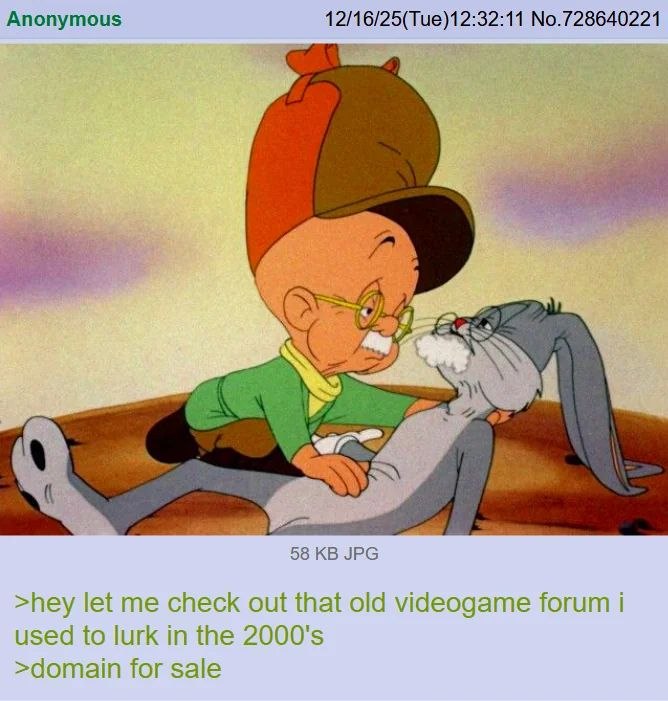 Anonymous 12/16/25(Tue)12:32:11 No.728640221 58 JPG >hey let me check out that old videogame forum i used to lurk in the >domain for sale
