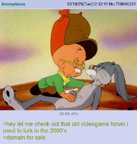 Anonymous 12/16/25(Tue)12:32:11 No.728640221 58 JPG >hey let me check out that old videogame forum i used to lurk in the >domain for sale