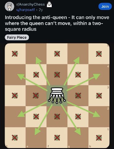 r/AnarchyChess Join u/harpswtf Introducing the anti-queen It can only move where the queen can't move, within a two- square radius