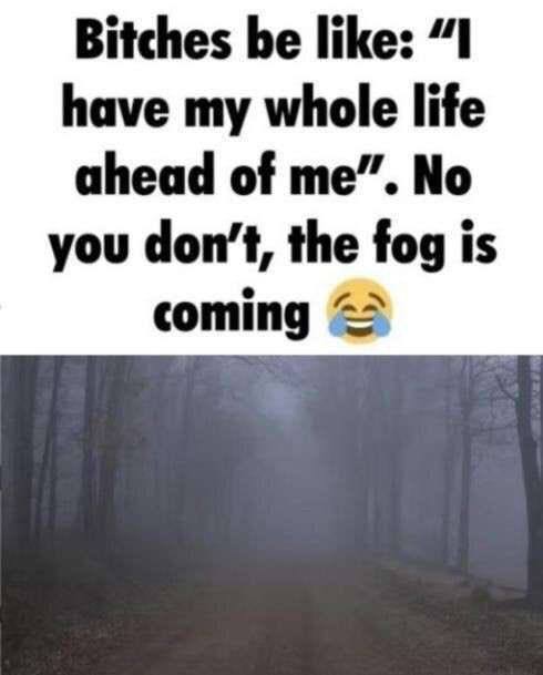 Bitches be like: “I have my whole life ahead of me”. No you don’t, the fog is coming