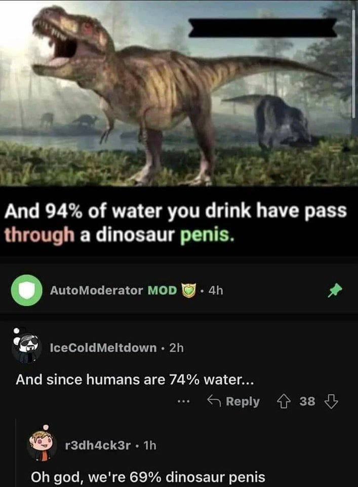 a4 And 94% of water you drink have pass through a dinosaur penis AutoModerator MOD iceColdMeltdown And since humans are 74% water. Reply 38 r3dh4ck3r god, we're 69% dinosaur penis