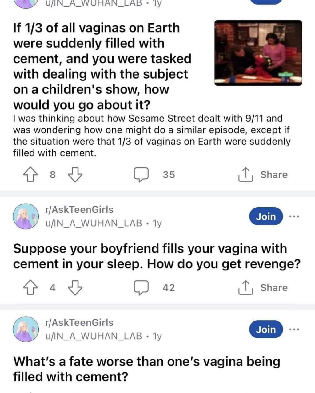 If 1/3 of all vaginas on Earth were filled with cement, and you were tasked with dealing with the subject а show, how would you about it? was thinking about how Sesame Street dealt with 9/11 and was w