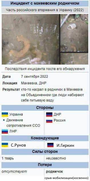 с макеевским родничком российского эторжения в Украину (2022) инцидента после его обнаружения Дата 7 сентября 2022 Локация Макеевка, ДНР Результат кто-то насрал в родничок в Макеевке на Обьединенном г