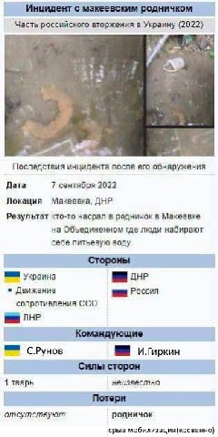 с макеевским родничком российского эторжения в Украину (2022) инцидента после его обнаружения Дата 7 сентября 2022 Локация Макеевка, ДНР Результат кто-то насрал в родничок в Макеевке на Обьединенном г