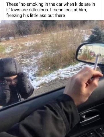 These "по smoking in the car when kids are it" laws are ridiculous. mean look at him, freezing his little ass out there у 2