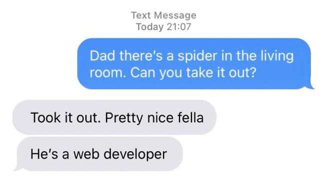 Text Message Today 21:07 Dad there’s a spider in the living room. Can you take it out? Took it out. Pretty nice fella Не'$ a web developer