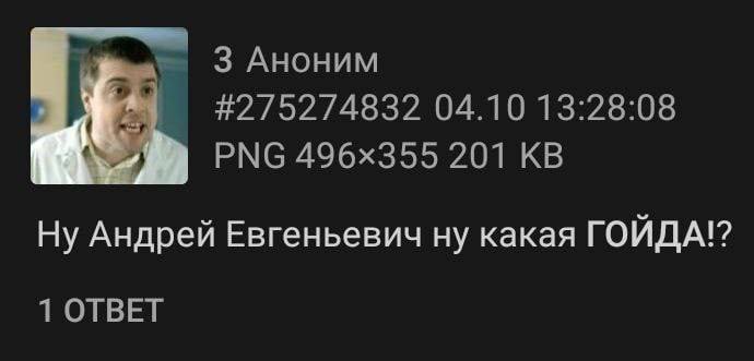 9 3 АНОНИМ #2/75274832 04.10 13:28:08 РМС 201 Ну Андрей Евгеньевич ну какая ГОЙДА!? 1 ОТВЕТ
