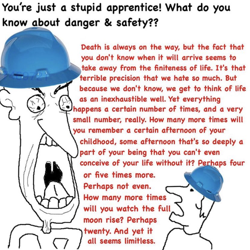 You're just a stupid apprentice! What you know about danger safety?? Death is always on the way, but the fact that you don't know when it will arrive seems to take away from the finiteness of life. It