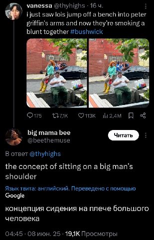 vanessa @thyhighs 16 i just saw lois jump off a bench into peter arms and now they’re smoking а blunt together #bushwick big тата bee a® @beethemuse В ответ @thyhighs the concept of sitting on a big m