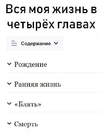Вся моя жизнь в четырех главах Содержание Рождение Ранняя жизнь «Блять» Смерть