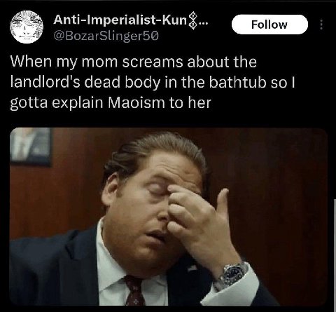 Anti-Imperialist-Kun Follow @BozarSlinger5@ When my mom screams about the landlord's dead body in the bathtub so gotta explain Maoism to her [А