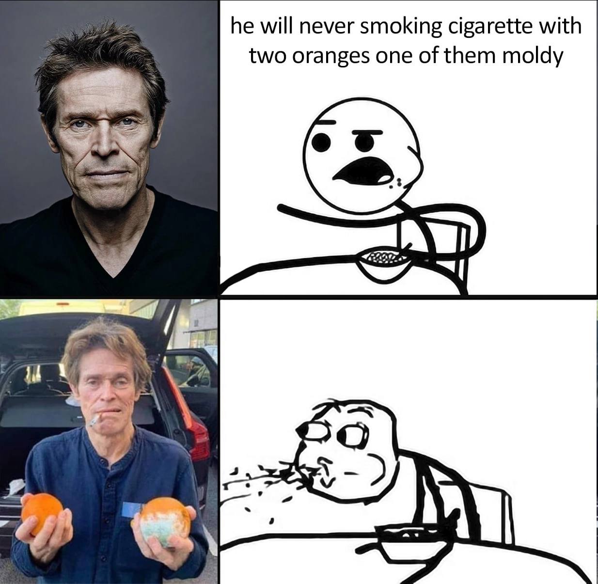 he will never smoking cigarette with two oranges one of them moldy at