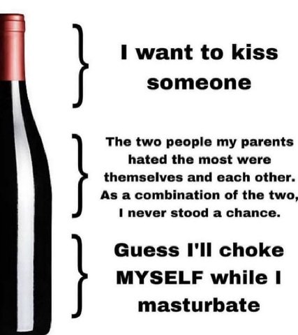 want to kiss someone The two people my parents hated the most were themselves and each other. As a combination of the two, I never stood a chance. Guess I'll choke MYSELF while 1 masturbate