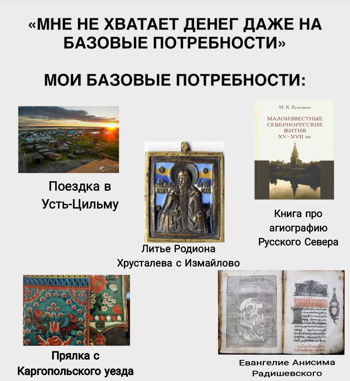 «МНЕ НЕ ХВАТАЕТ ДЕНЕГ ДАЖЕ НА БАЗОВЫЕ ПОТРЕБНОСТИ» МОИ БАЗОВЫЕ ПОТРЕБНОСТИ: СЕВЕРНОРУССКИЕ МАЛОИЗЕ жития XV-XVII Поездка в Усть-Цильму Книга про агиографию Русского Севера Литье Родиона Хрусталева с И