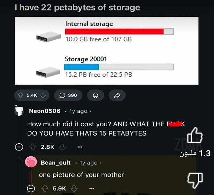 have 22 petabytes of storage Internal storage 10.0 Нее of 107 Storage 20001 15.2 free of 22.5 390 a ago How much did it cost you? AND WHAT THE YOU HAVE THATS 15 PETABYTES (5 1.3 Bean_cult ago one pict